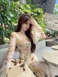 Yipinpay Vintage Dresses Women Temperament French Style Floral Printed Fashion V Neck Bandage Flare Long Sleeve Elegant Dress
