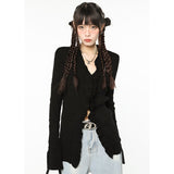 yipinpay Women Black Cardigan Sweater Star Embroidery Irregular Outerwear V-neck American Fashion Lazy Wind Winter Thin Knitting Coat