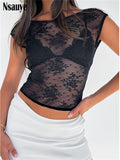 yipinpay Sexy See Through Aesthetic Lace Short Sleeve T Shirt Streetwear Y2K Women Clothes Club Party Crop Tops Tees Sumemr 2023