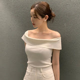 Yipinpay Slim Off The Shoulder Black Tshirt Summer Crop Top One Short Sleeve Striped Shirts for Women Y2k Top Ropa De Mujer Knit