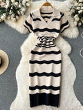 Yipinpay Short Sleeves Striped Long Dress Lapel Neck Hollow Out Slim Bodycon Sundress Fashion Hotsweet Knitted Beach Midi Dress