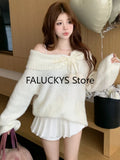 Yipinpay Winter Korean Women Knitted Sweaters Off Shoulder Pearl Long Sleeves Sweet Pullovers Female Fashion Lazy Style Knitwear