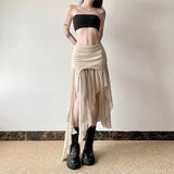 Yipinpay Spicy Girl Style Light and Thin Split Mesh Irregular Skirt for Women High Waist Slim Versatile Mid Length y2k Skirt
