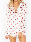 Yipinpay Women’s Valentine's Day 2 Piece Pajamas Set Kawaii Cute Heart Print Long Sleeve Button Up Shirt+ Shorts Set Sleepwear