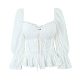 Yipinpay Y2K Women High Quality Lace Trim White Blouse Front Lacing Up Puff Sleeve Sexy Elegant Sweet Crop Top