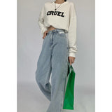 yipinpay Women's Jeans High Waist Streetwear Baggy Straight Vintage Denim Trouser Navy Blue Casual Wide Leg Chic Design Jean Pants