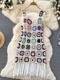 Yipinpay 2024 Sunmmer Knitted Dress Hook Flower Hollow Out Tassel Women Slim Streetwear Original Design Fashion Vintage Dress