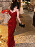 Yipinpay sequin midi dress women elegant v-neck Mermaid formal occasion dress summer vintage casual slim evening party slip dress