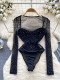 Yipinpay 2024 New Spring Diamonds Bodysuits American Long Sleeve Slim Skinny Playsuits Female Sexy Perspective Mesh Rompers