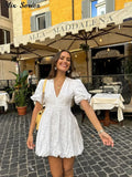 Yipinpay Fluffy Short Puff Sleeve Dress Women White High Waist V-neck Mini Dresses 2024 Summer New Ladies Elegant Vestidos