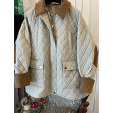 Yipinpay Loose Cotton Jacket Diamond Argyle Winter Clothes Women Thick Black Parkas Patchwork Shirts Zip Coat Down Top 2023