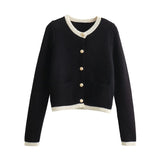 Yipinpay New 2024 Women Single Breasted Knit Cardigan Long Sleeve O Neck Female Black Crop Sweater Coat