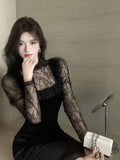 Yipinpay Vintage Elegant Dresses Women Lace Ruffles Patchwork Velvet Long Sleeve Slim Stretch Split Temperament Dress Ladies Black