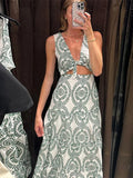 Yipinpay Hollow Out Embroidery Maxi Dress For Women Elegant V-neck Sleeveless Backless Long Dress 2024 Summer Lady A-line Beach Robe