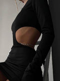 yipinpay Out Black Dress Chain Bodycon Dress Women O Neck Basic Mini Dress Autumn Winter 2023 Solid Streetwear Long Sleeve Dress