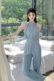 Yipinpay Lady Elegant Hanging Neck Off Shoulder Round Neck Jumpsuit Women's Sleeveless High Waist Slim Fit Wide Leg Jumpsuit Pants