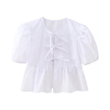 Yipinpay New 2024 Women Bow Lacing Up Puff Sleeve Crop Blouse Office Lady Shirt Chic Chemise Blusas Summer Tops