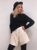 Yipinpay Elegant Beige Faux Leather Shorts Women Wide Leg Short Pants Elegant Flared Shorts High Waist Female PU Shorts 2023