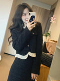 Yipinpay Black Tweed Jacket Vintage Womens Two Peice Sets Elegant Cropped Cardigan Stand Collar Tailored Coat A Line Skirts Long