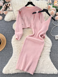 Yipinpay Winter Beading Knitted Suits Women Loose Long Sleeve Beading Pullover+ Midi Dress Fashion Warm Sweater Two Piece Sets