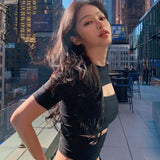 yipinpay Crop Top Short Sleeve T Shirt Women Cut Out Top Y2k Streetwear Solid Color Irregular Hollow Out Knitted Top Women Clothing