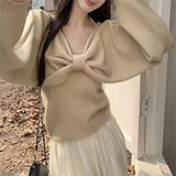 Yipinpay Bow Long Sleeve Sweater Women Slim Fit Simple Knitted Tank Tops Autumn Winter 2023 New Korean Chic Two Piece Set Y2k