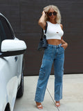 Yipinpay Fall New Fashion Multi-Pocket Cargo Jeans for Women Casual Loose Denim Straight Leg Pants Ladies Trousers XS-L