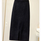 Yipinpay velvet skirt female autumn and winter mid-length knitted one-step skirt split straight winter skirt casual solid long skirt