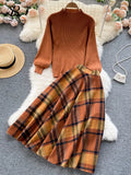 Yipinpay Women Retro Sweater Suits 2024 Fashion Lantern Sleeve Sheath Knitted Top+Elastic Loose Long Skirt Two Pieces Sets