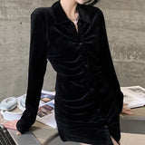 Yipinpay Mujer De Moda Sexy Vintage Black Velvet Shirt Women Pleated Slim Long Sleeve Tops 2023 Fall Camisas Single Breast Blouse