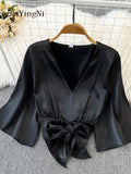Yipinpay Summer Satin Crop Top Female Bow Elegant Lace-up Shirts Solid Color Flare Sleeve Blusas Women White Loose CHIC Blouses