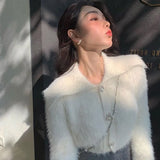 Yipinpay Cashmere Sweaters Turn Down Collar Crop Tops Fleece Short White Cardigan Mohair Coat Knit Pull Korean Fashion Sueters