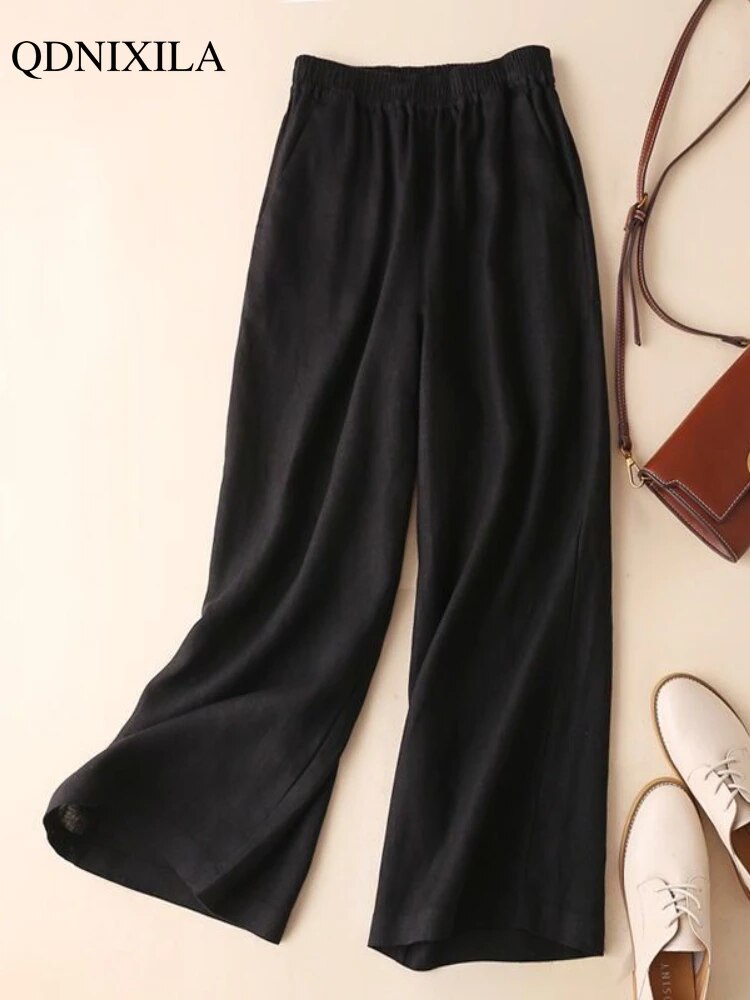 Yipinpay Summer Cotton Linen Women's Wide Leg Pants High Waist Solid Woman Capris Pants Saggy Casual Loose Oversize Flared Trousers