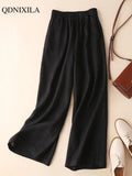 Yipinpay Summer Cotton Linen Women's Wide Leg Pants High Waist Solid Woman Capris Pants Saggy Casual Loose Oversize Flared Trousers