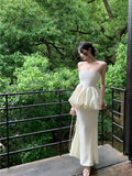Yipinpay Hot Girl Suit Women's Summer Ruffle Strapless Vest High Waist Mermaid Long Skirt Two-piece Set Fashion Female Clothes