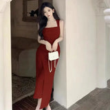 Yipinpay Temperament Dresses Women Sexy Square Collar Sleeveless Split Solid Slim Elegant Dress Vintage Party Dress Ladies