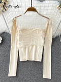 Yipinpay French Vintage T-shirt Women Square Collar Sexy Mesh Patchwork Cropped Tops Chic Slim Fit Long Sleeve T Shirts Female