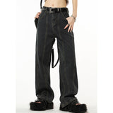 yipinpay Vintage Navy Blue High Waist Women Jeans American Fashion Streetwear Wide Leg Jean Female Trouser Straight Denim Pants