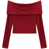 Yipinpay Tops Off Shoulder Long Sleeve Crop Top Women's Autumn/Winter 2024 New Spicy Girl Slim Fit Short Red T-shirt