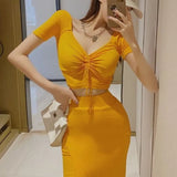 Yipinpay Women's Sexy Orange Drawstring T-shirt V Short Sleeve Top Summer 2023 New Cotton Slit Asymmetric Skirt Sets Wild