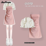 Yipinpay Women's Summer Dress Suit 2024 New Fashion Short Sleeve Shirt+Denim Strap Skirt Two Piece Korean Elegant Casual Matching Set