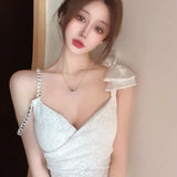 Yipinpay Sexy Dress Woman Lace Patchwork Spaghetti Strap Bow Chain V Neck Backless Slim Stretch Elegant Dresses Ladies Party