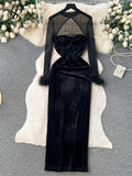 Yipinpay Sexy Velvet Patchwork Dress Hollow Out Mesh Long Sleeves Fur Design Slim Autumn France Chic Ladies Evening Party Dress
