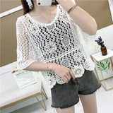 Yipinpay Fashion New Round Neck Five-point Sleeve Pullover Handmade Sweater Korean Version Knitted Hollow Solid Color Top Female