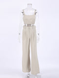 Yipinpay Cotton Linen Women Summer Outfit Sleeveless Crop Top And Palazzo Pants 2 Piece Set Female Midriff Top Pants Suits
