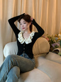 Yipinpay Vintage Knitted Cardigan Woman Casual Black Long Sleeve Tops Retro 2023 Autumn Design Korean Style Bodycon Clothing Female