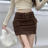 Yipinpay Mini Cargo Skirt Denim Women Y2k Vintage High Waist Belt Pocket Sexy Slim Pencil Skirt Korean Streetwear Summer Gyaru