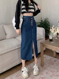 Yipinpay A-line High Waist Long Vintage Versatile Split Denim Skirt Woman