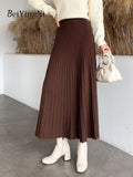 Yipinpay Women Long Maxi Knitted Skirt Autumn Winter Casual Pleated High Waist A-line Skirts 90cm 2023 Korean Fashion Faldas
