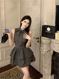 Yipinpay Hot Girl Diamond Bow Sleeveless Dress for Women Summer Lace-up Slim Fit A-line Fluffy Short Dress Fashion Female Clothes